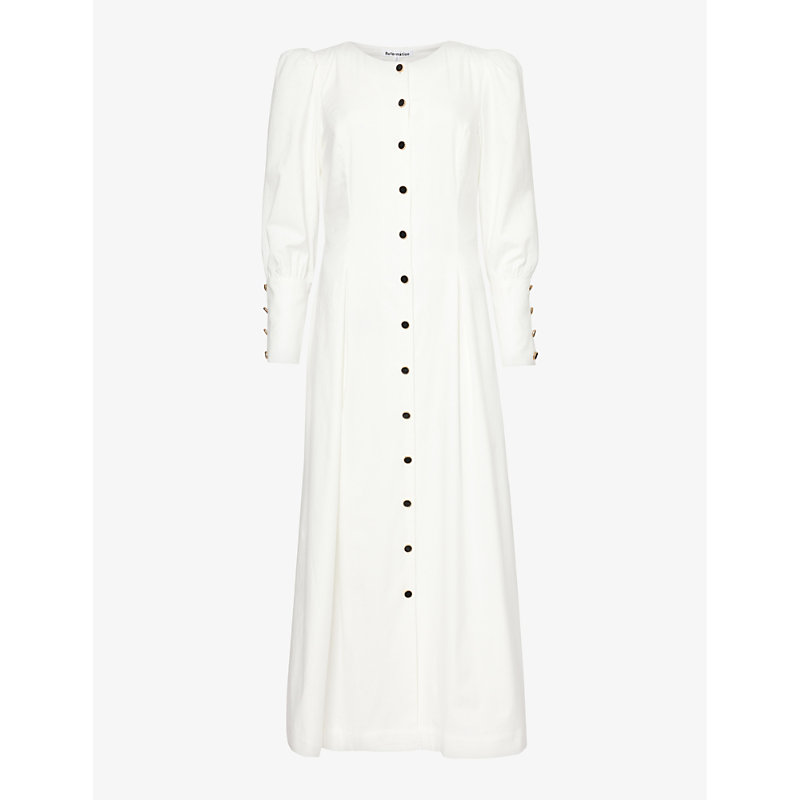 Shop Reformation Women's White Halia Puffed-sleeve Stretch Organic-cotton Midi Dress