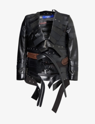 JUNYA WATANABE: Belt-embellished V-neck faux-leather jacket