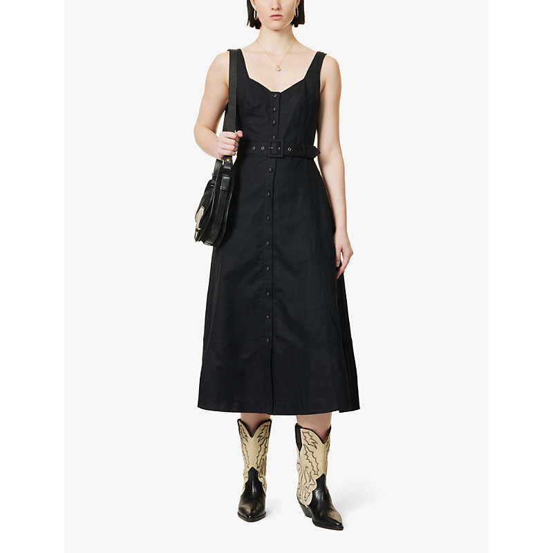 Shop Paige Arienne Regular-fit A-line Cotton And Linen Midi Dress In Black