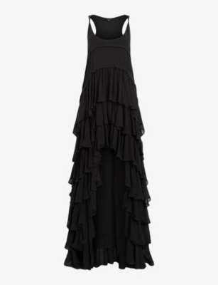 Allsaints Cavarly Tiered Ruffle Maxi Dress In Black