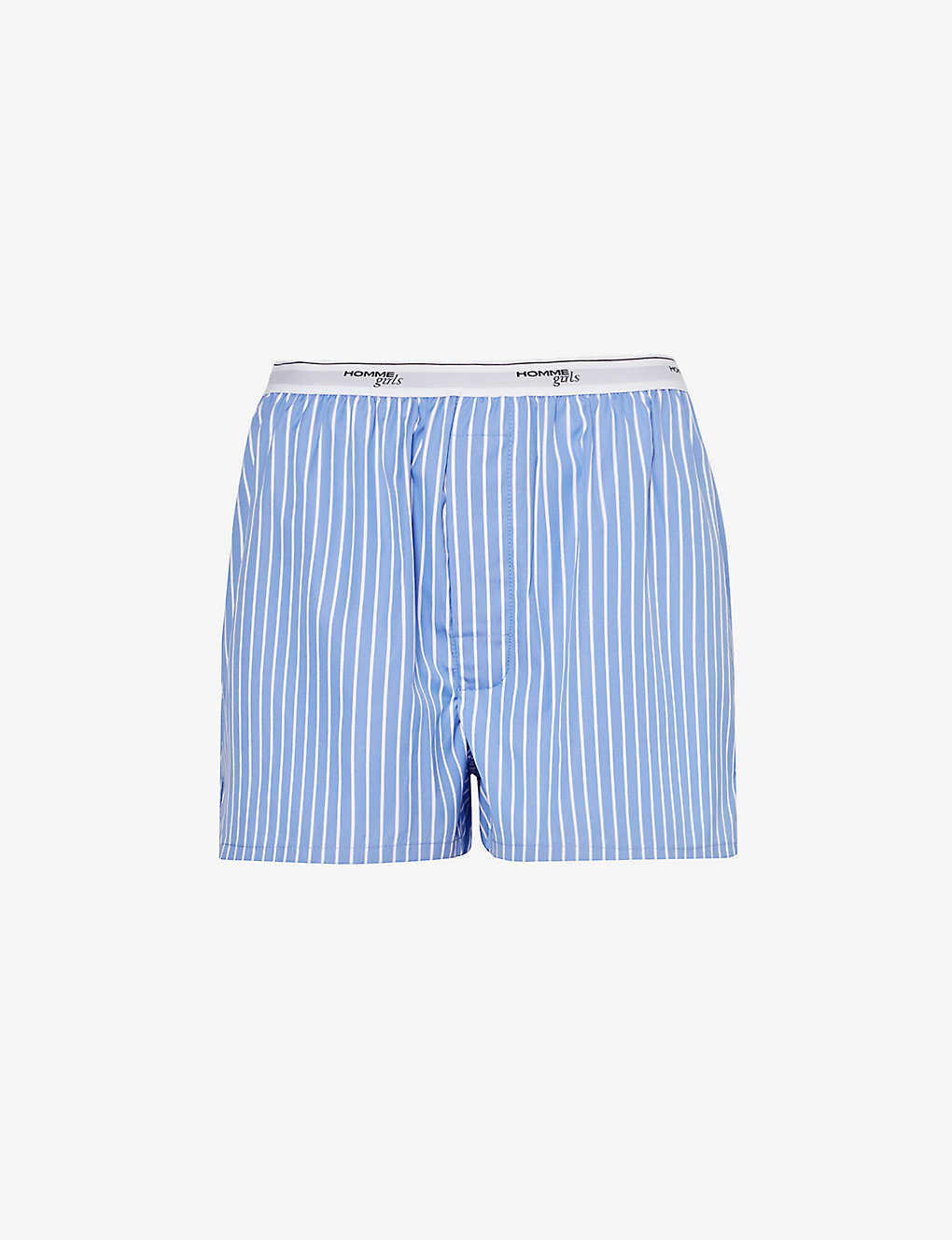 Hommegirls Womens Blue Stripe Striped Branded-waistband Cotton-poplin Shorts