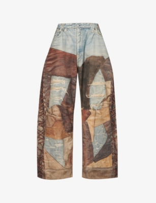 Acne Studios Trompe-l'oeil Print Wide-leg Cotton Trousers In Blue/brown