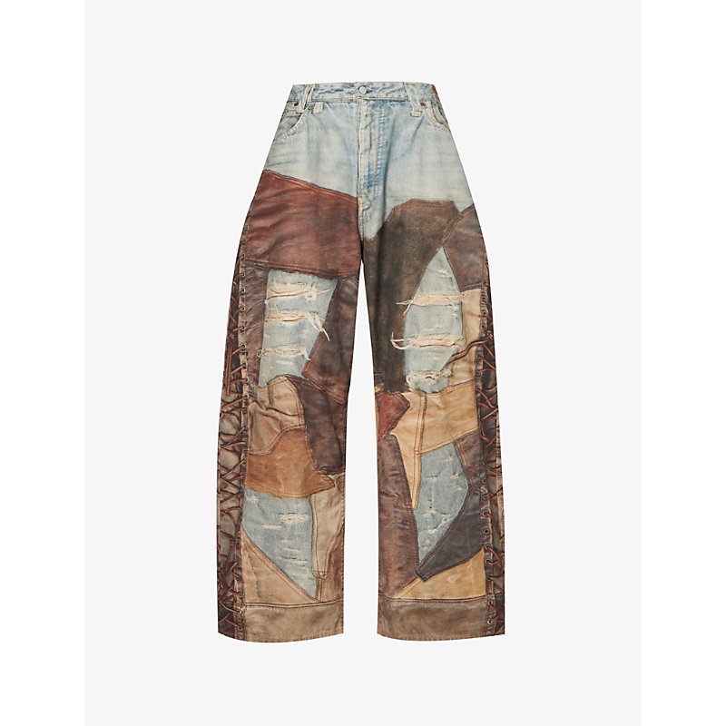 Acne Studios Trompe-l'oeil Print Wide-leg Cotton Trousers In Blue/brown