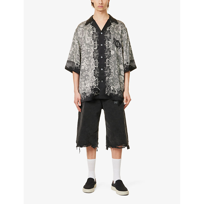 Shop Acne Studios Men's Black/ecru Etez Floral-print Satin Shirt