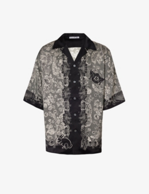 Shop Acne Studios Men's Black/ecru Etez Floral-print Satin Shirt