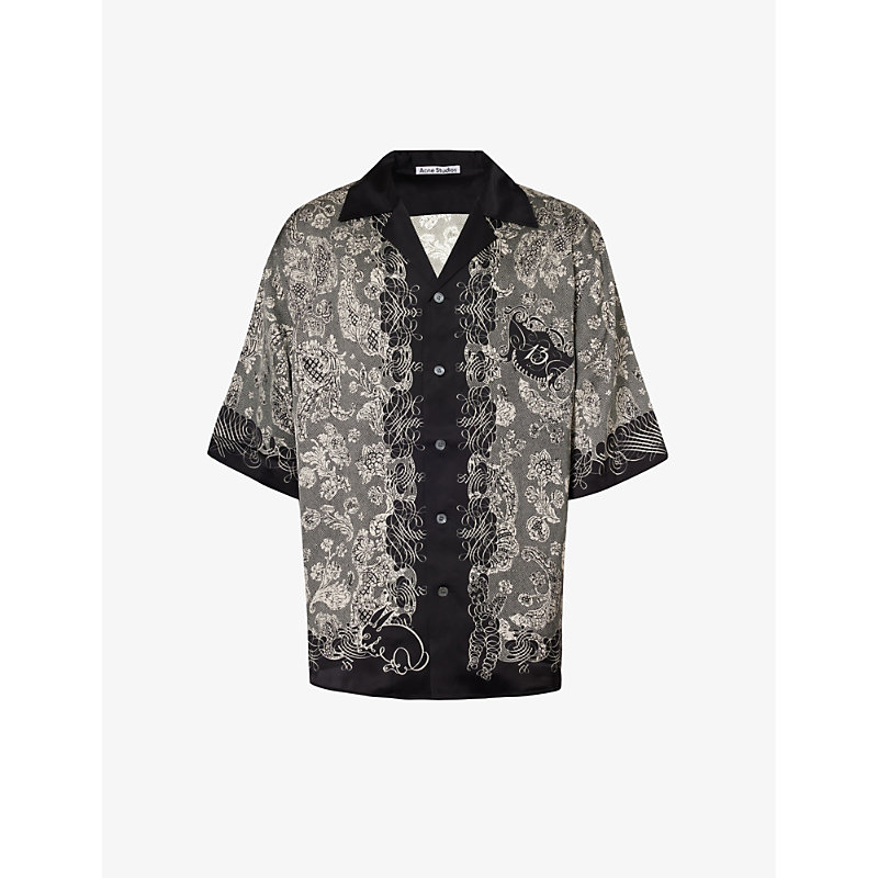 Shop Acne Studios Mens Black/ecru Etez Floral-print Satin Shirt