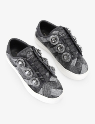 KURT GEIGER WOMENS BLACK LANEY OCTAVIA JEWEL-EMBELLISHED DENIM LOW-TOP TRAINERS EUR 38/5 UK 