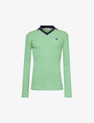 Shop Wales Bonner Men's Ivory Green Sonic Striped Stretch-cotton Polo Shirt