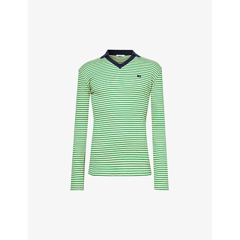 Shop Wales Bonner Sonic Striped Stretch-cotton Polo Shirt In Ivory Green