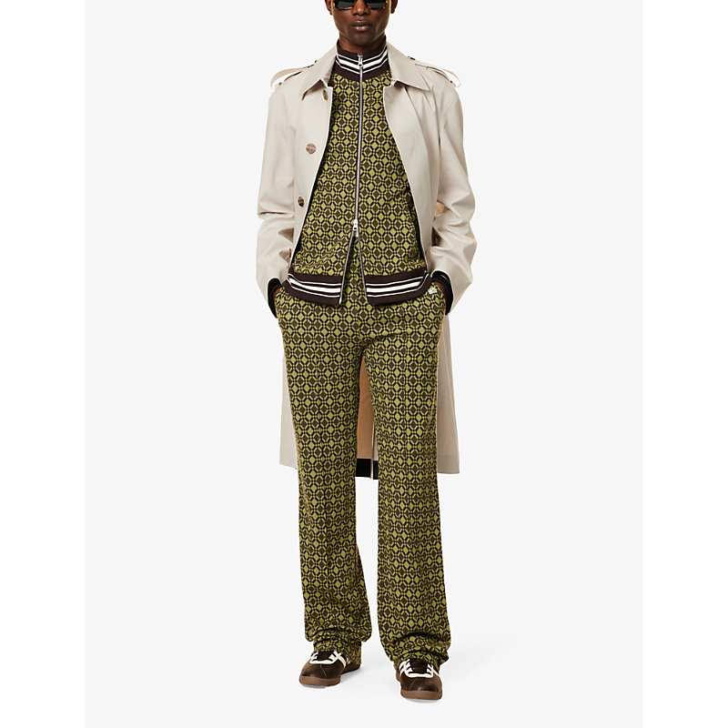 Shop Wales Bonner Power Graphic-pattern Stretch-organic Cotton Trousers In Olive Dark Brown