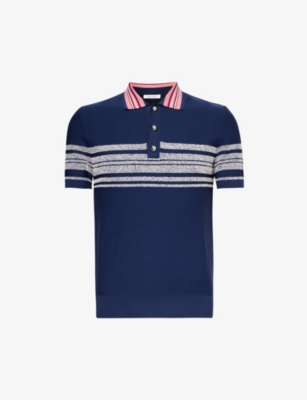 Wales Bonner Mens Navy Red White Dawn Striped Knitted Polo Shirt
