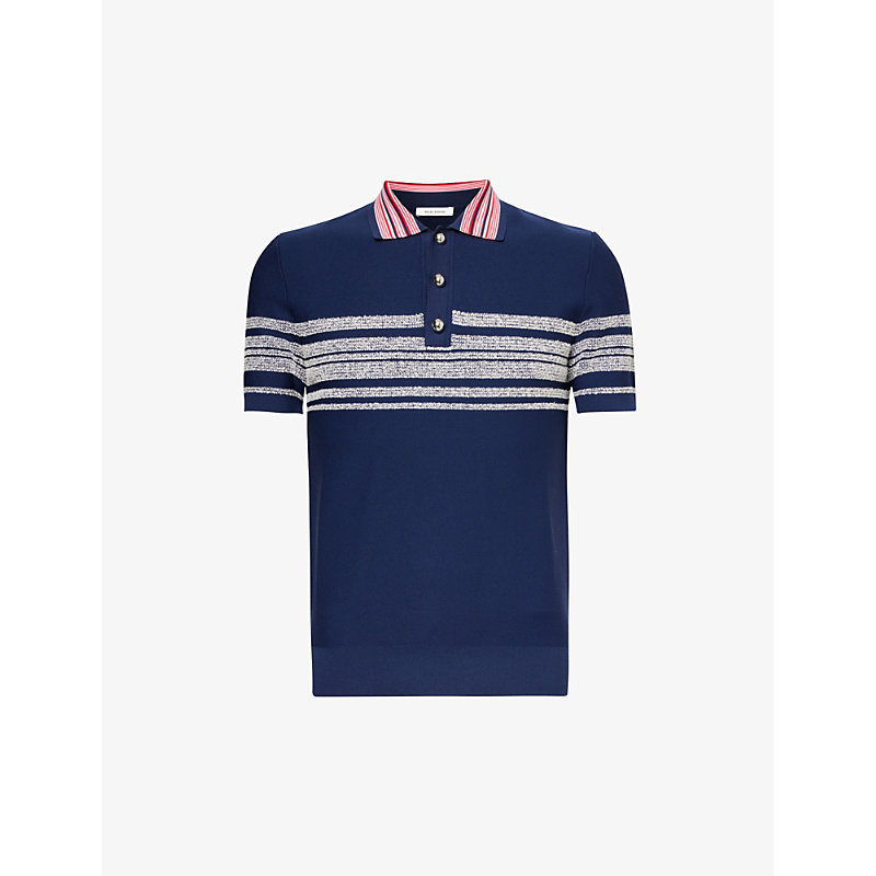 Wales Bonner Mens Navy Red White Dawn Striped Knitted Polo Shirt