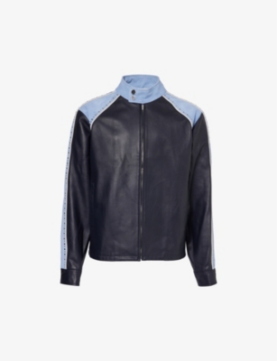 Shop Wales Bonner Men's Light Blue Navy Marvel Contrast-panel Leather Jacket