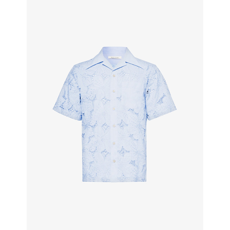 Wales Bonner Mens Light Blue Highlife Floral-embroidery Cotton-blend Shirt