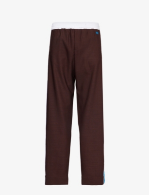 Shop Wales Bonner Men's Dark Brown Blue Courage Brand-embroidered Straight-leg Wool Trousers