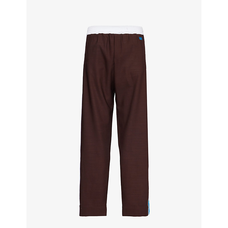 Shop Wales Bonner Mens Dark Brown Blue Courage Brand-embroidered Straight-leg Wool Trousers