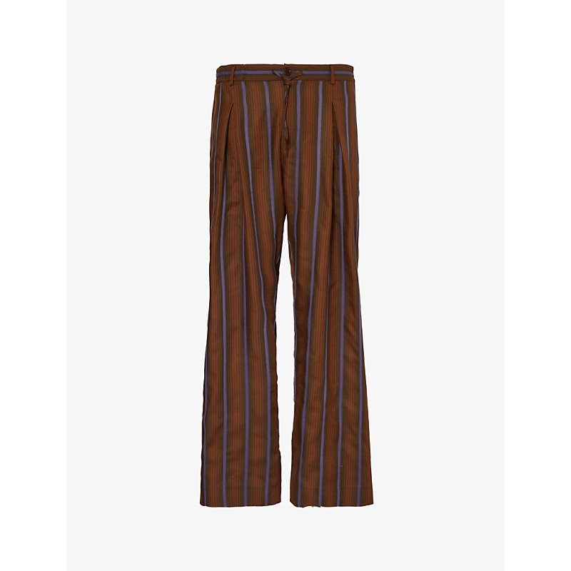Shop Wales Bonner Men's Brown And Blue Chorus Striped Relaxed-fit Wool Trousers