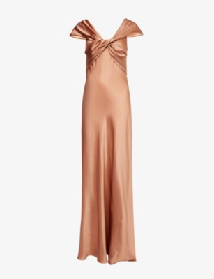 Shop Alberta Ferretti Women's Pink Knot-front Plunge-neck Satin Maxi Dress