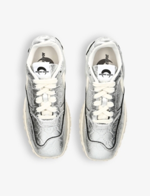Marine Serre Womens Silver Logo-embellished Logo-debossed Metallic-leather Low-top Trainers In Silver