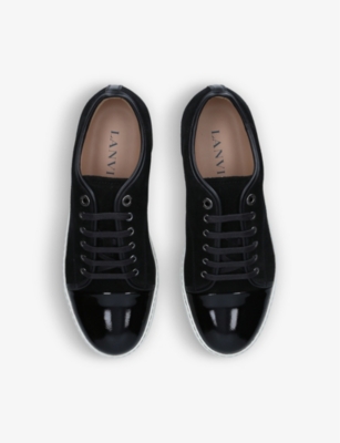 Lanvin Panelled Patent-leather And Velvet Low-top Trainers In Blk/white