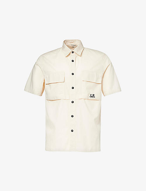 CP COMPANY: Brand-embroidered short-sleeved cotton shirt