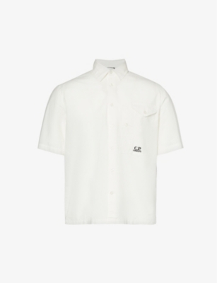 Shop C.p. Company Cp Company Men's Gauze White Brand-embroidered Flap-pocket Cotton Shirt