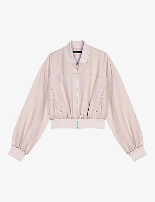 MAJE: Ribbed-neck cropped cotton and linen-blend bomber jacket