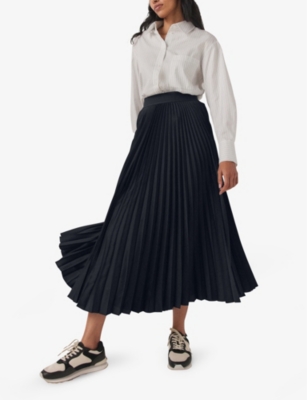 Shop The White Company Women's Navy Pleated High-rise Recycled-polyester Midi Skirt