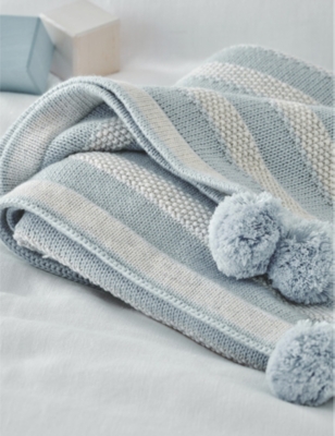 Shop The Little White Company Blu/neutrl Striped Cotton And Cashmere Blanket 75cm X 100cm