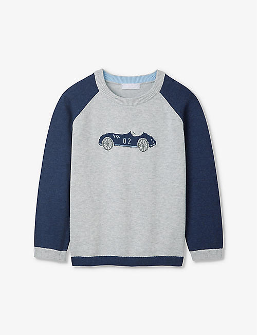 THE LITTLE WHITE COMPANY: Racing-car motif organic-cotton jumper 2-6 years