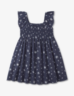 Shop The Little White Company Navy Camille Frill-sleeve Organic-cotton Dress 18 Months - 6 Years In Blue