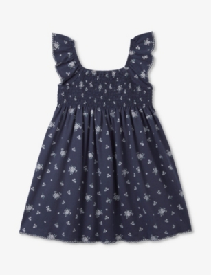 The Little White Company Babies'  Navy Camille Frill-sleeve Organic-cotton Dress 18 Months - 6 Years In Blue
