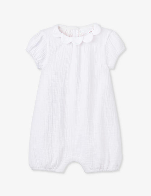 THE LITTLE WHITE COMPANY: Scalloped-collar crinkle organic-cotton romper 0-24 months