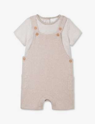 The Little White Company Babies'  Oatmeal Stripe-print Ribbed Organic-cotton Dungarees 0-24 Months