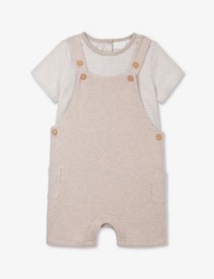 The Little White Company Oatmeal Stripe-print Ribbed Organic-cotton Dungarees 0-24 Months In Oatmeal