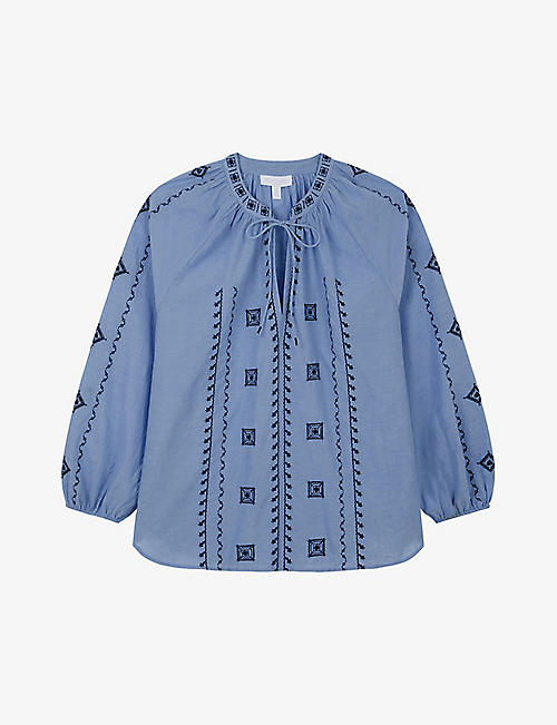 THE WHITE COMPANY: Embroidered chambray organic-cotton blouse
