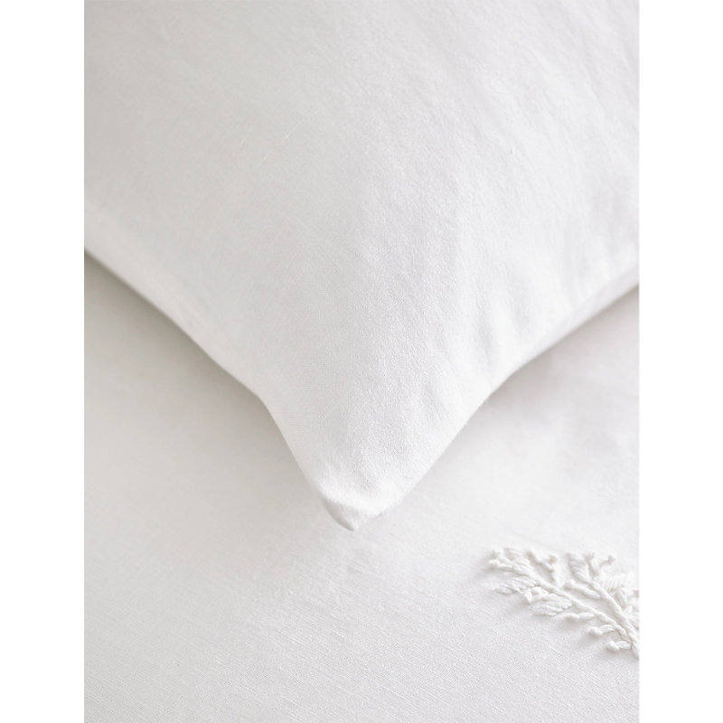 Shop The White Company White Freja Leaf-embroidered Linen-blend Pillowcase