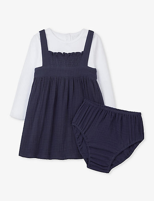 THE LITTLE WHITE COMPANY: Long-sleeve crinkle organic-cotton pinafore dress 0-18 months
