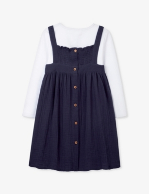 Shop The Little White Company Girls Vy Kids Long-sleeve Crinkle Organic-cotton Pinafore Dress 18 Months-6 In Navy