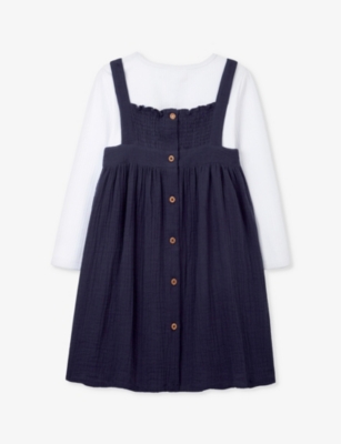 Shop The Little White Company G-sleeve Crinkle Organic-cotton Pinafore Dress 18 Months-6 Year In Navy