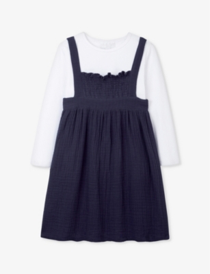 THE LITTLE WHITE COMPANY: Long-sleeve crinkle organic-cotton pinafore dress 18 months-6 years