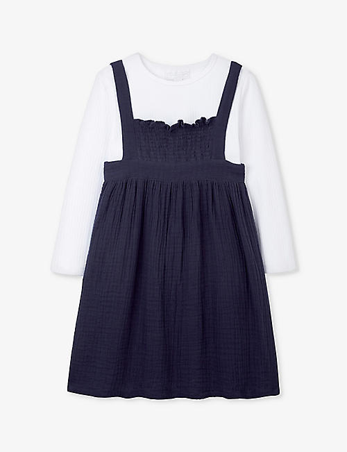 THE LITTLE WHITE COMPANY: Long-sleeve crinkle organic-cotton pinafore dress 18 months-6 years