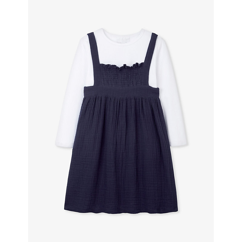 The Little White Company Girls Navy Kids Long-sleeve Crinkle Organic-cotton Pinafore Dress 18 Months