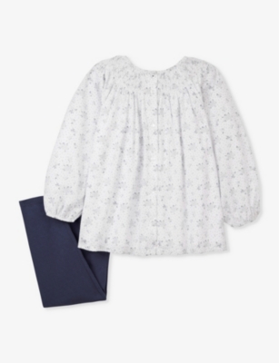 Shop The Little White Company Girlskids Camille Floral-print Hand-smocked Organic-cotton Blouse And Leggi In Multi
