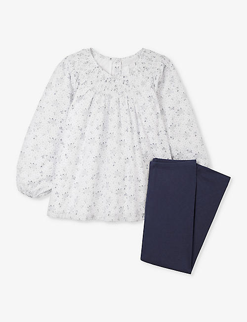 THE LITTLE WHITE COMPANY: Camille floral-print hand-smocked organic-cotton blouse and legging set 18 months-6 years