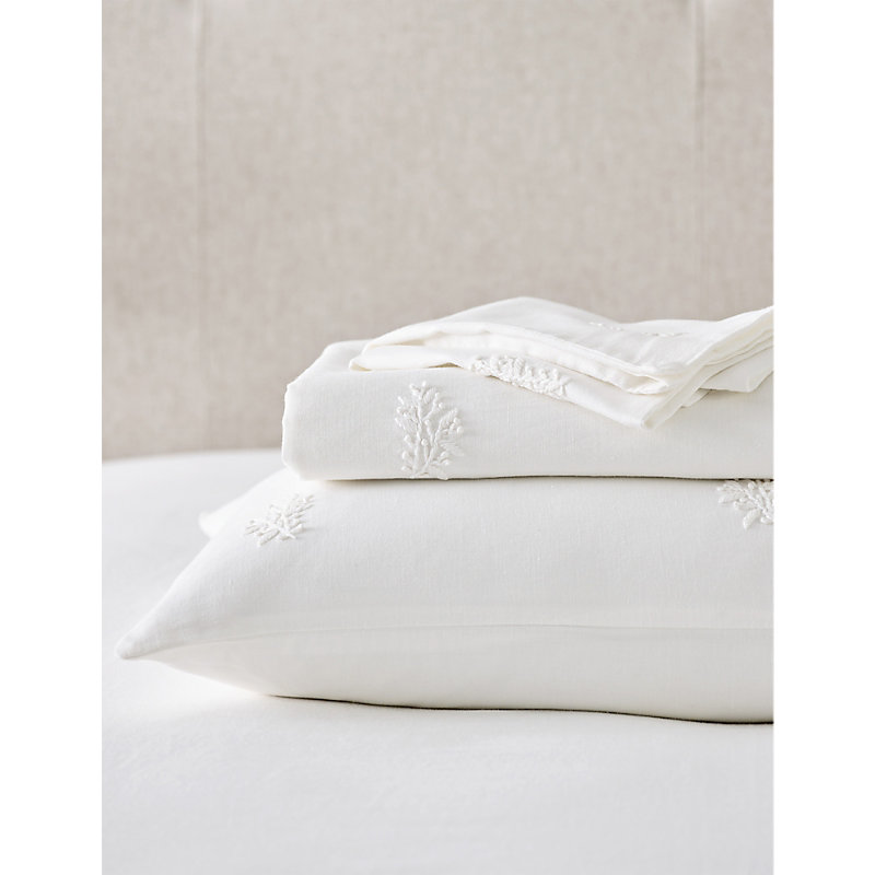 Shop The White Company White Freja Embroidered-leaf Linen-blend Duvet Cover