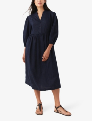 Shop The White Company Womens Vy Puffed-sleeve Linen Midi Dress In Navy