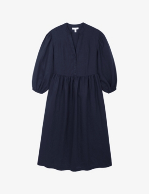 Shop The White Company Womens Vy Puffed-sleeve Linen Midi Dress In Navy