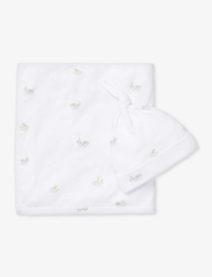 THE LITTLE WHITE COMPANY: Safari Boat graphic-print organic-cotton blanket and hat set