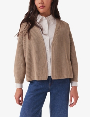 Shop The White Company Women's Taupe Collarless Ribbed Organic-cotton Knitted Cardigan